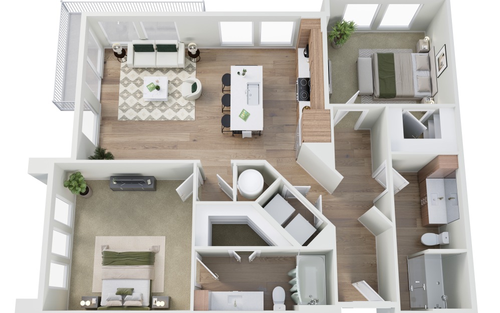 B3 - 2 bedroom floorplan layout with 2 bathrooms and 1167 - 1196 square feet (3D)