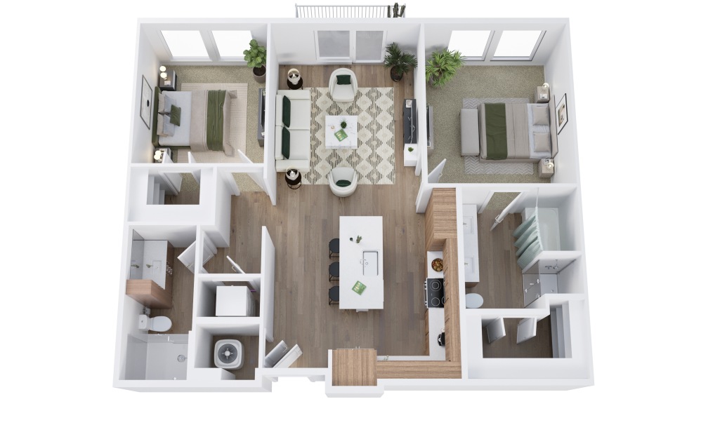 B2 - 2 bedroom floorplan layout with 2 bathrooms and 1076 - 1133 square feet (3D)