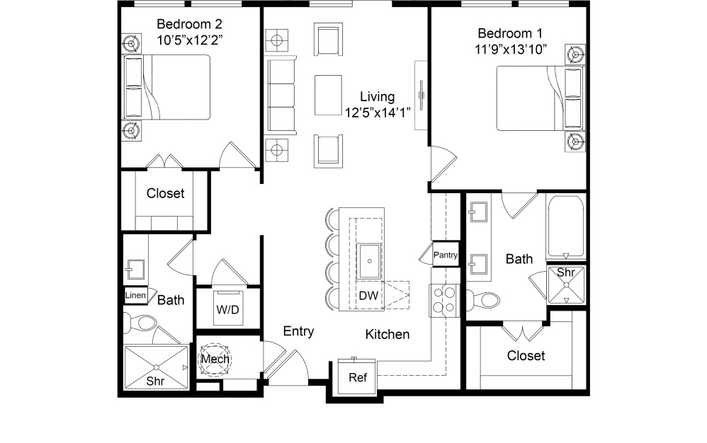 B2 - 2 bedroom floorplan layout with 2 bathrooms and 1076 - 1133 square feet (2D)