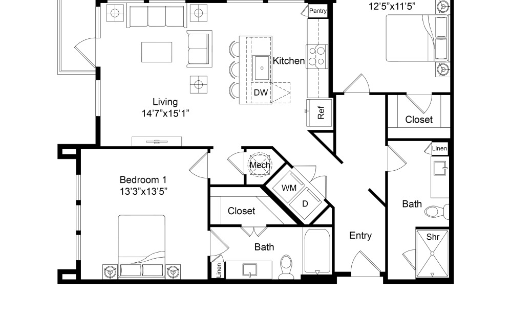 B3 - 2 bedroom floorplan layout with 2 bathrooms and 1167 - 1196 square feet (2D)